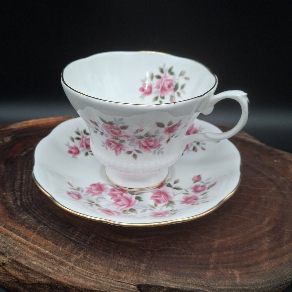 Royal Albert Bone China England Pink Rose Floral Teacup Saucer Gold Trim Vintage